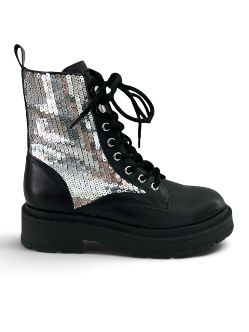 Nine West Hediy Sequin Combat Boots Black 6.5